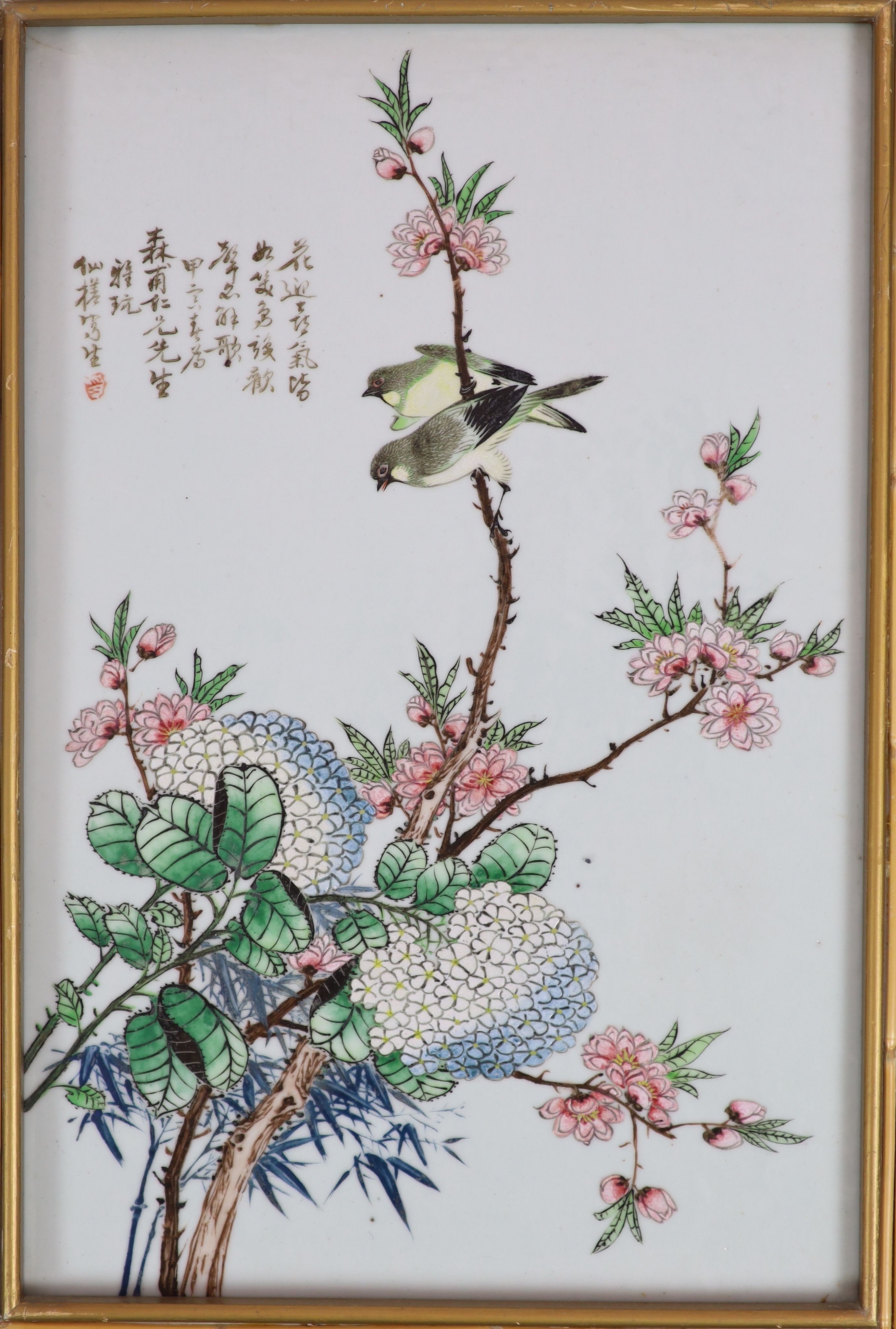 An assembled set of five Chinese enamelled porcelain ‘bird’ plaques, early - mid 20th century, each 38cm x 25cm, in similar mounts and frames